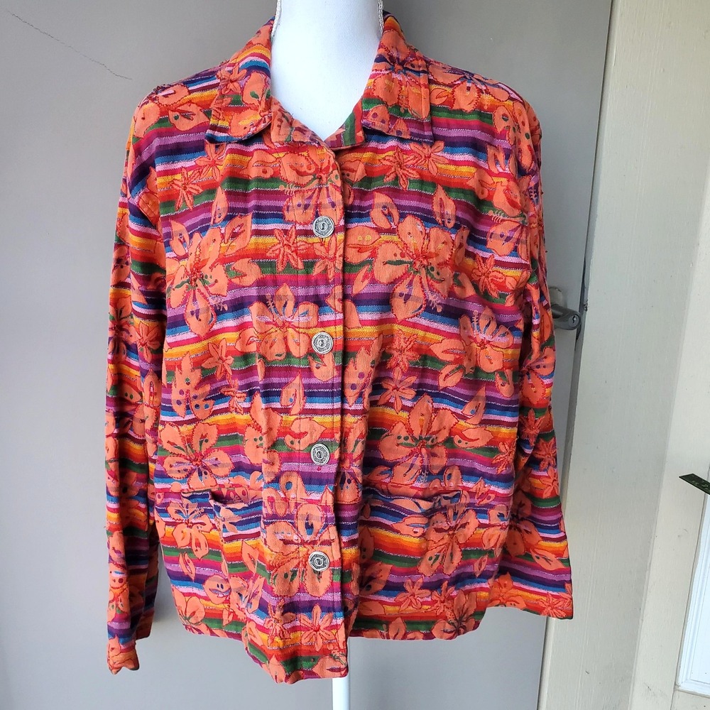 VTG Chicos Jacket Womens Medium Tropical Floral Embroidered Boho 90s Y2K Style